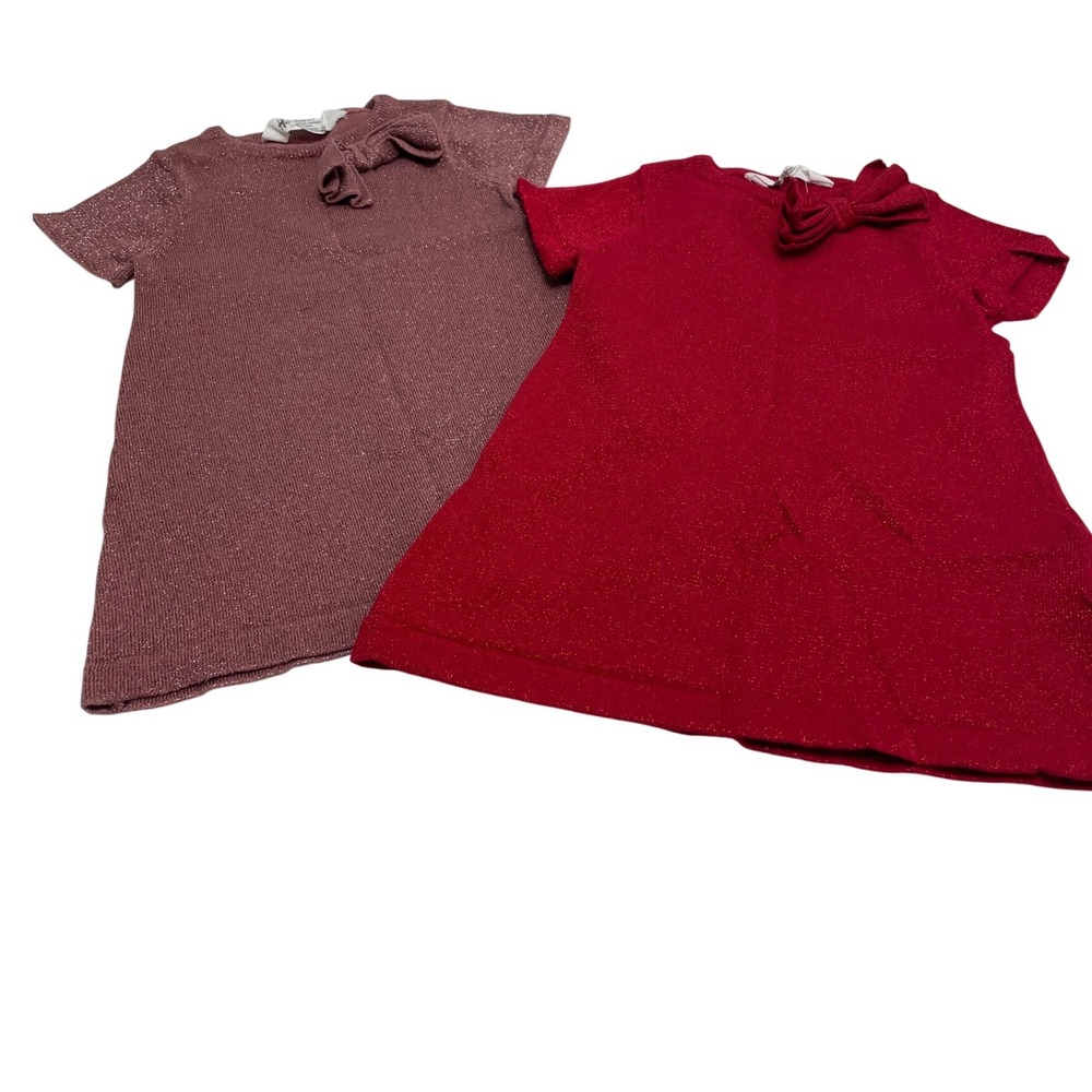 Lot H&M Baby Girls Sparkly Glitter Knit Dress Red Pink Short Sleeve 18-24 Months